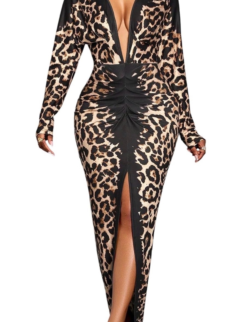 Plunging V-Neck Leopard Print Maxi Dress in Black & Brown